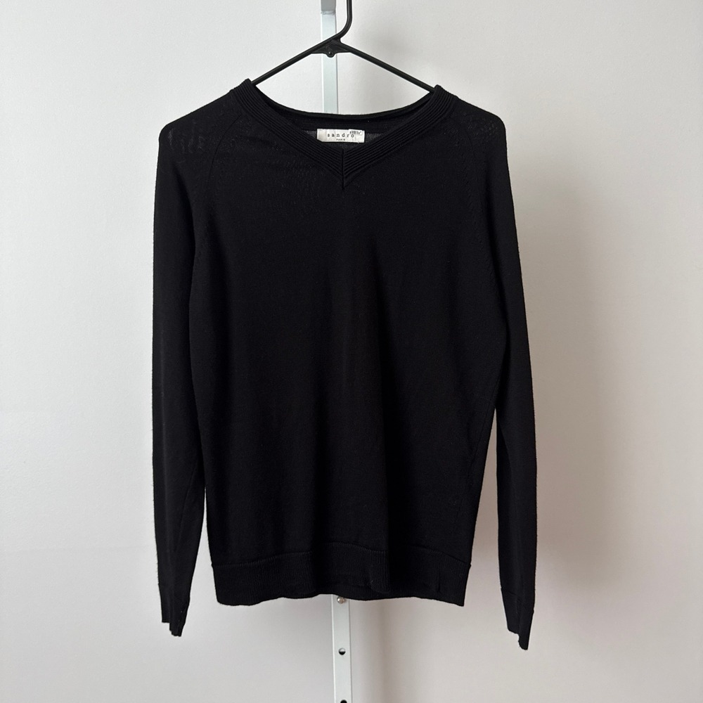 Sandro Paris XS Black V-Neck Sweater French Designer Old Money Knit Minimalist